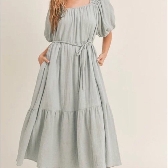 Cotton gauze baby blue puff sleeve tiered dress - Picture 2 of 6